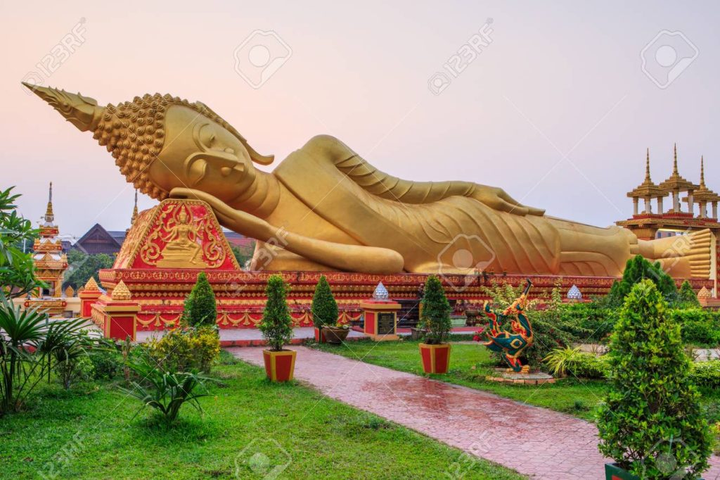 Reclining  buddha statue in the temple of Vientiane, capital of